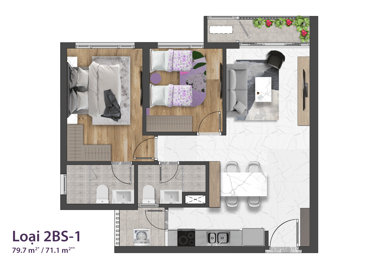 layout căn hộ Celesta Rise 2PN tháp 1, view ngoại khu, diện tích 79.7m2