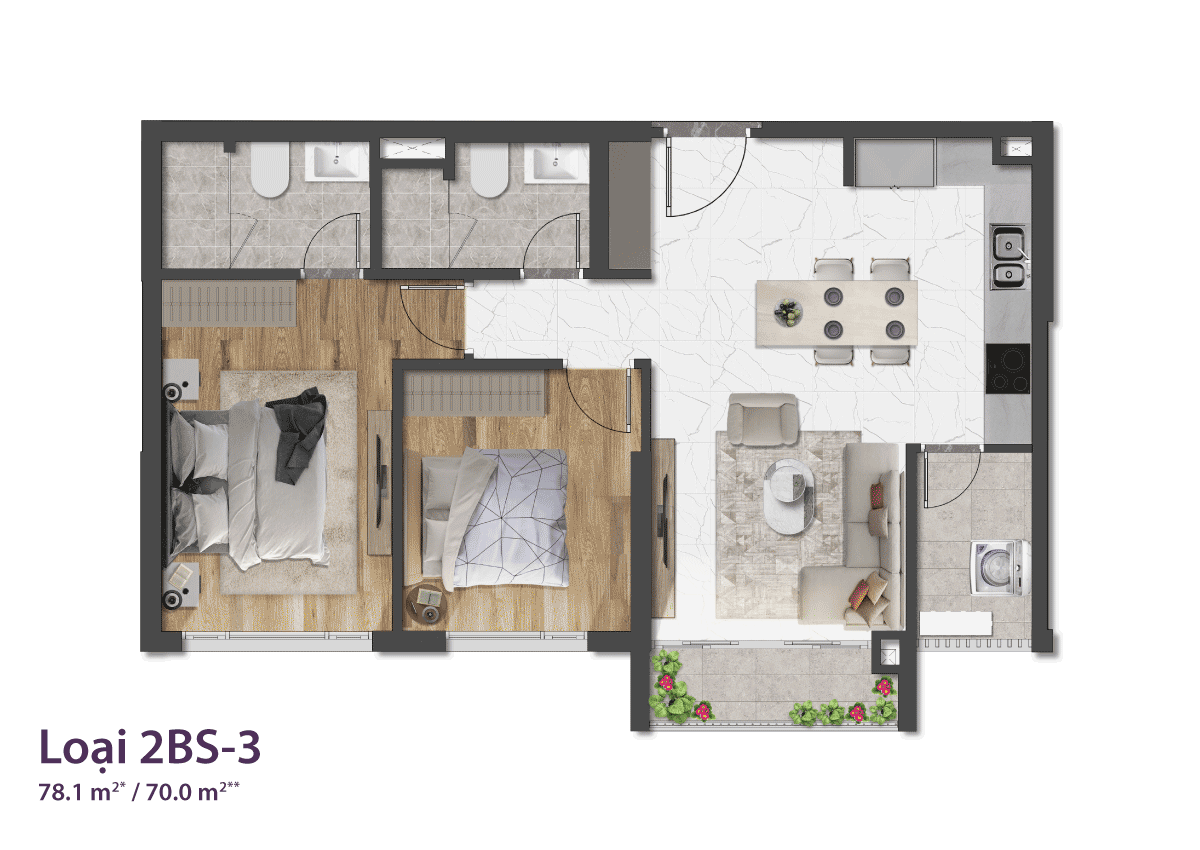 layout căn hộ Căn 2 phòng ngủ tháp 3 đầy đủ nội thất diện tích 70m2